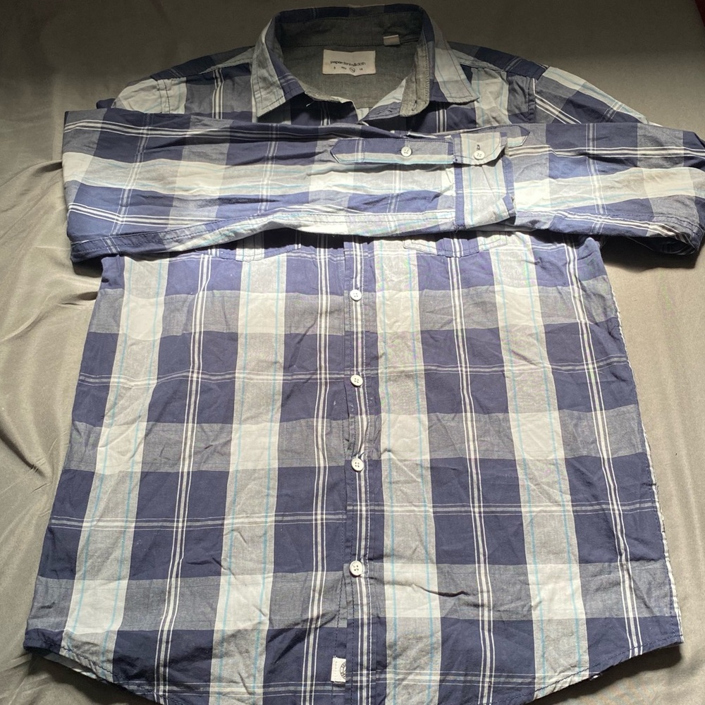 Paperdenim&Cloth blue, grey, white, kids button down checkered long sleeve shirt